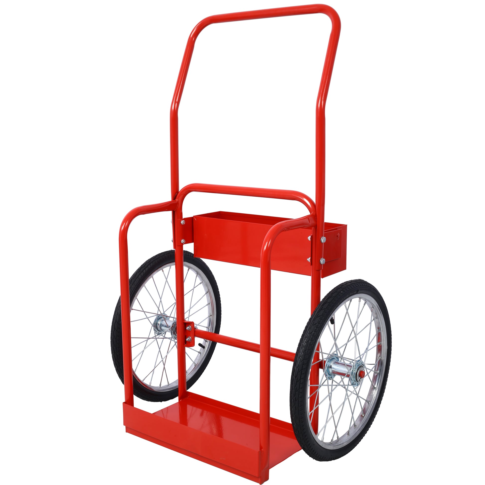 Red metal cylinder cart with two large spoked wheels for easy transport