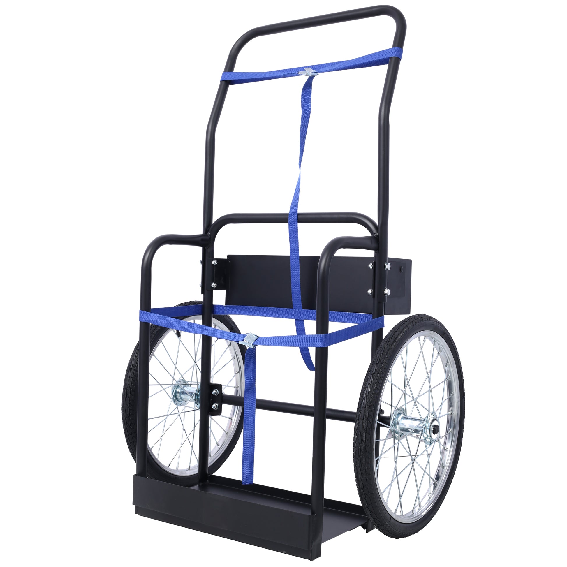 Black metal hand truck with blue securing straps and spoked wheels for easy transport