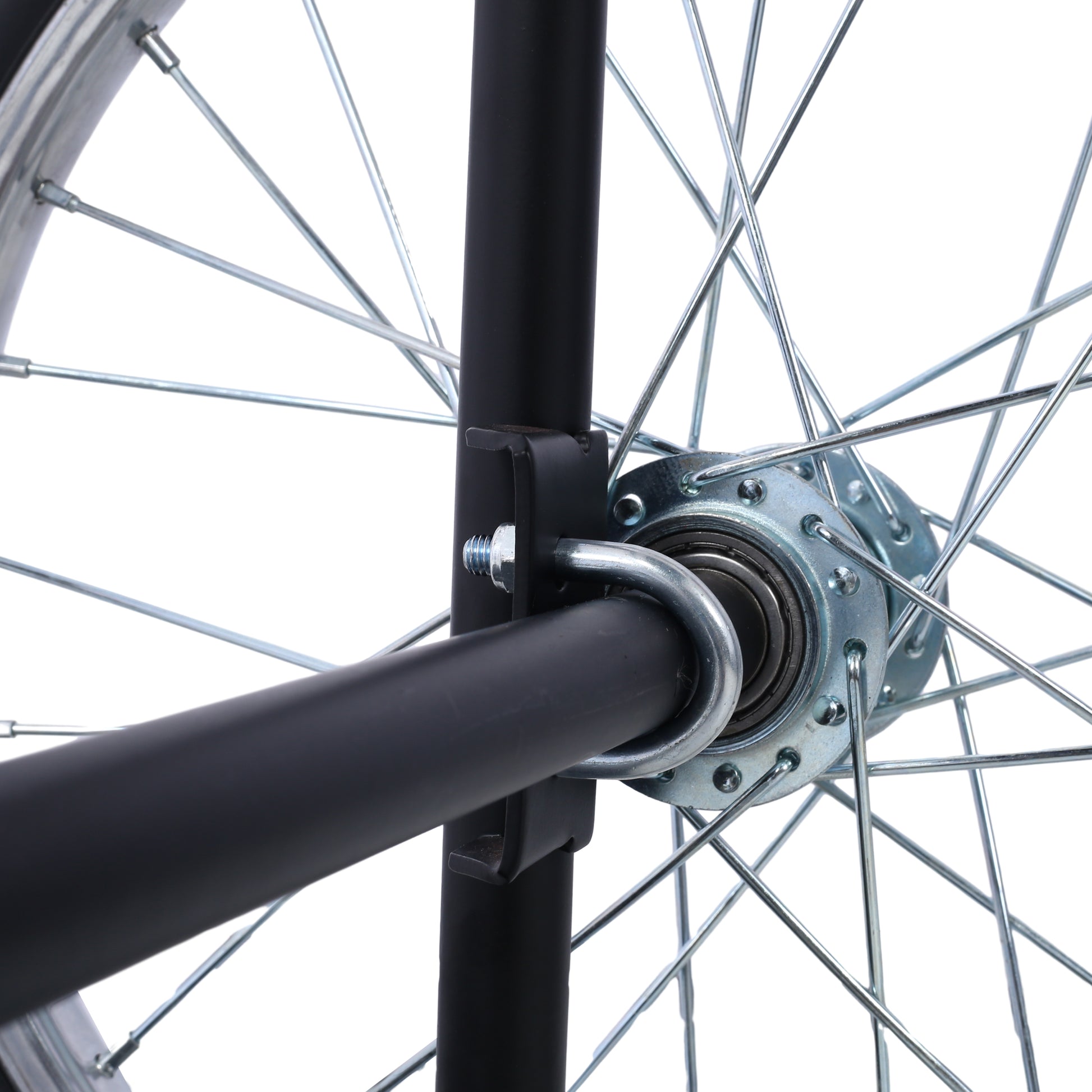 Heavyduty black metal tube secured with a Ubolt to a spoked wheel hub part of a trolley or cart
