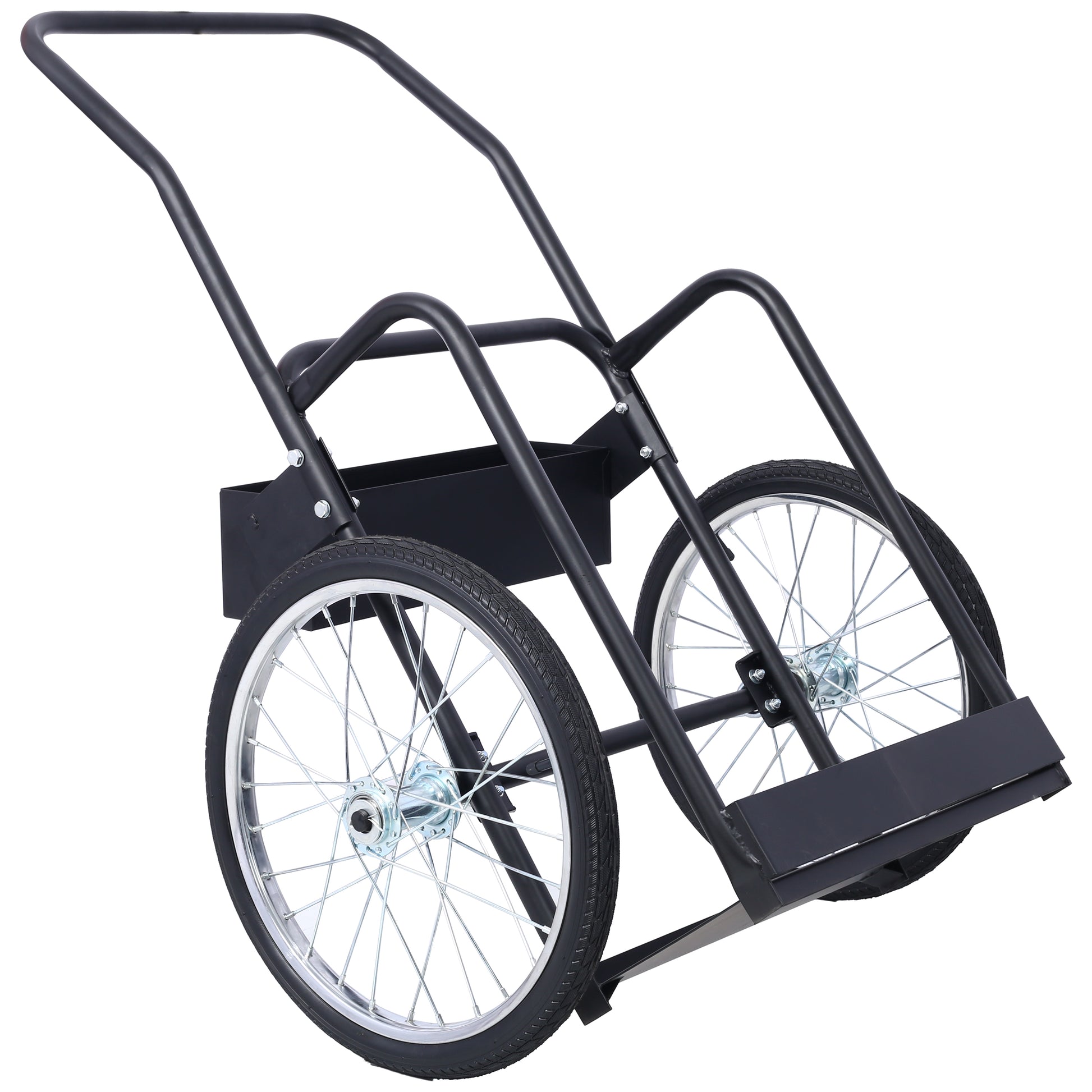 Black metal garden cart with two spoked wheels for easy transport of tools and materials