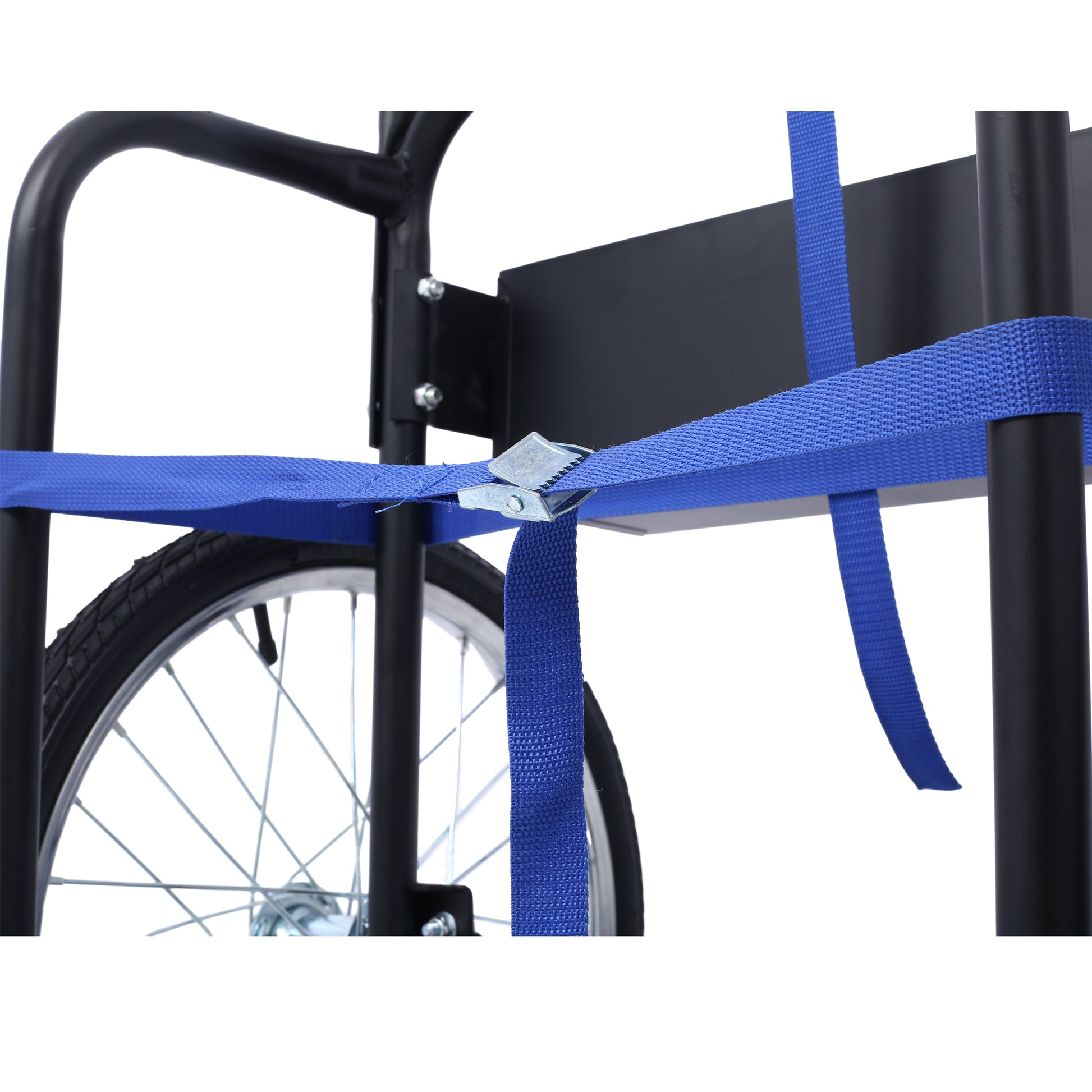 Heavyduty blue ratchet strap with metal cam buckle securing black cargo trailer frame