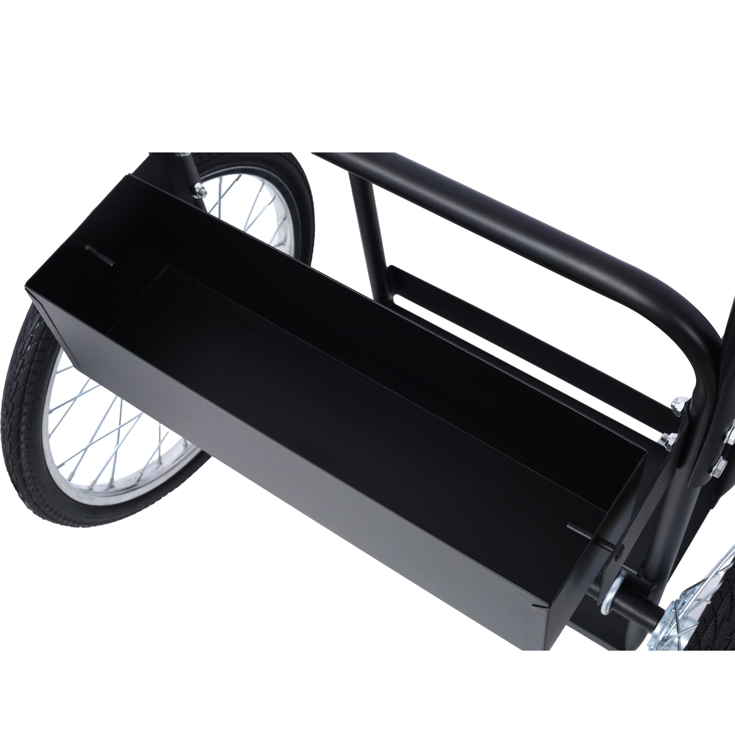 Black metal garden cart basket with spoked wheel