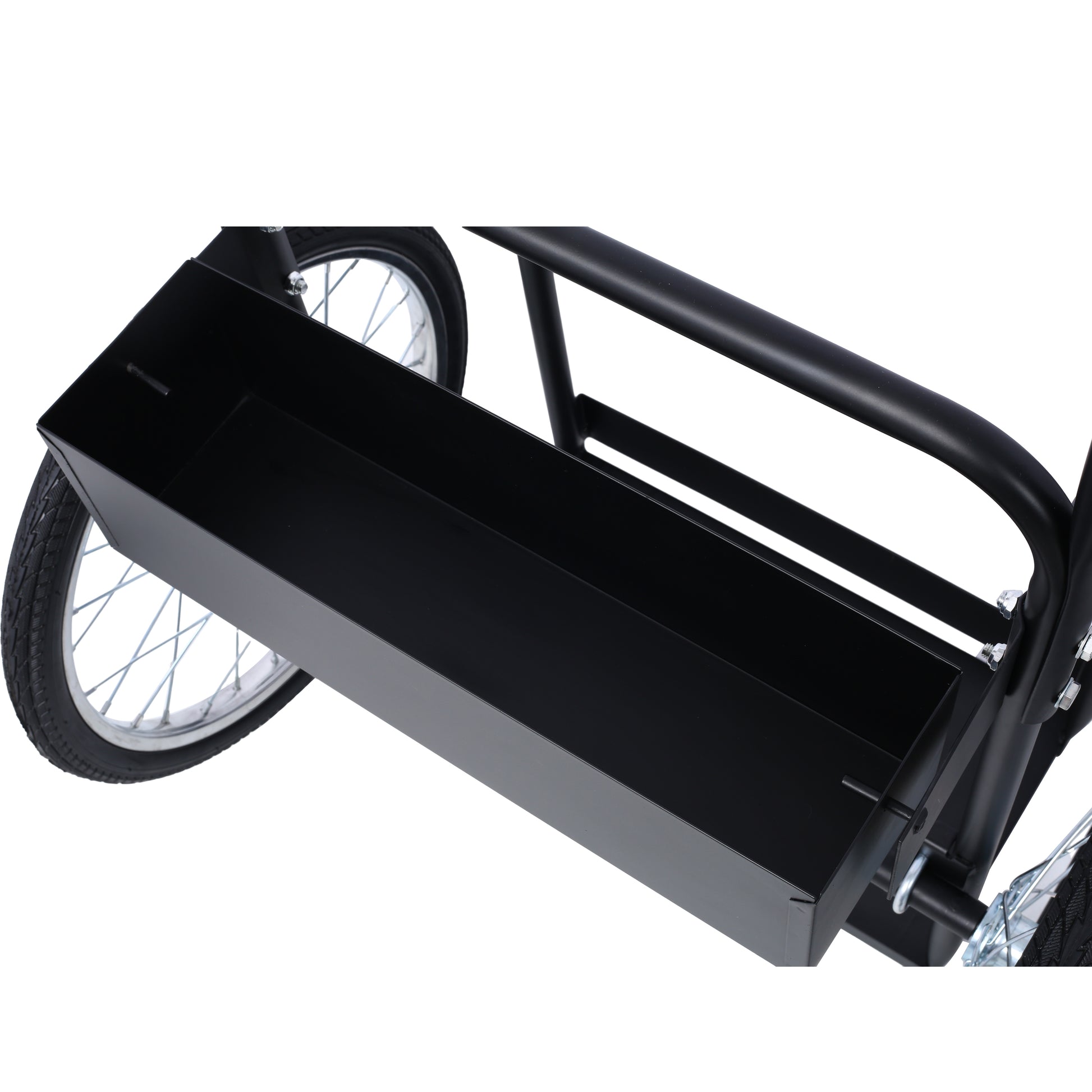 Black metal garden cart basket with spoked wheel