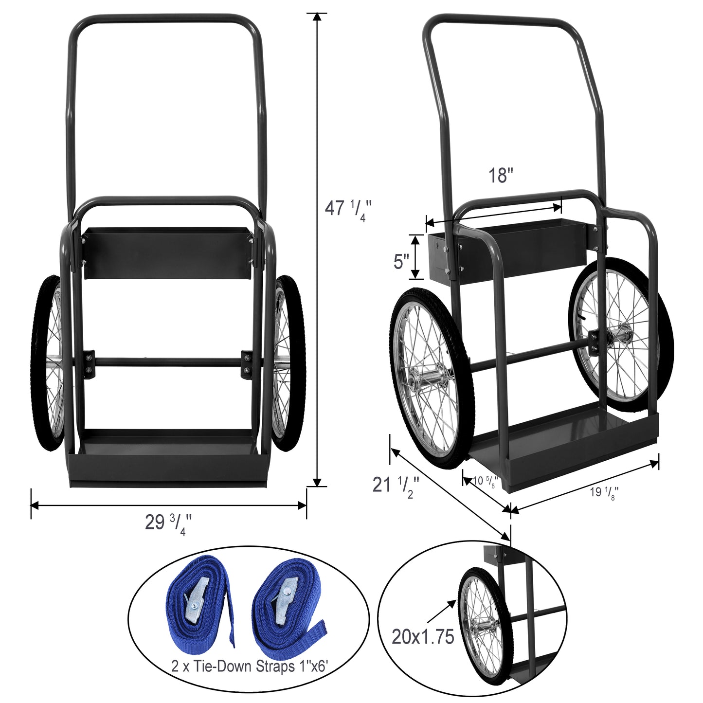 Black steel dolly with large spoked wheels designed for moving heavy items