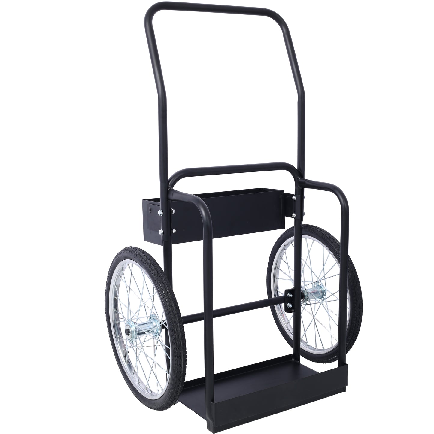 Black metal utility cart with large spoked wheels for easy transport