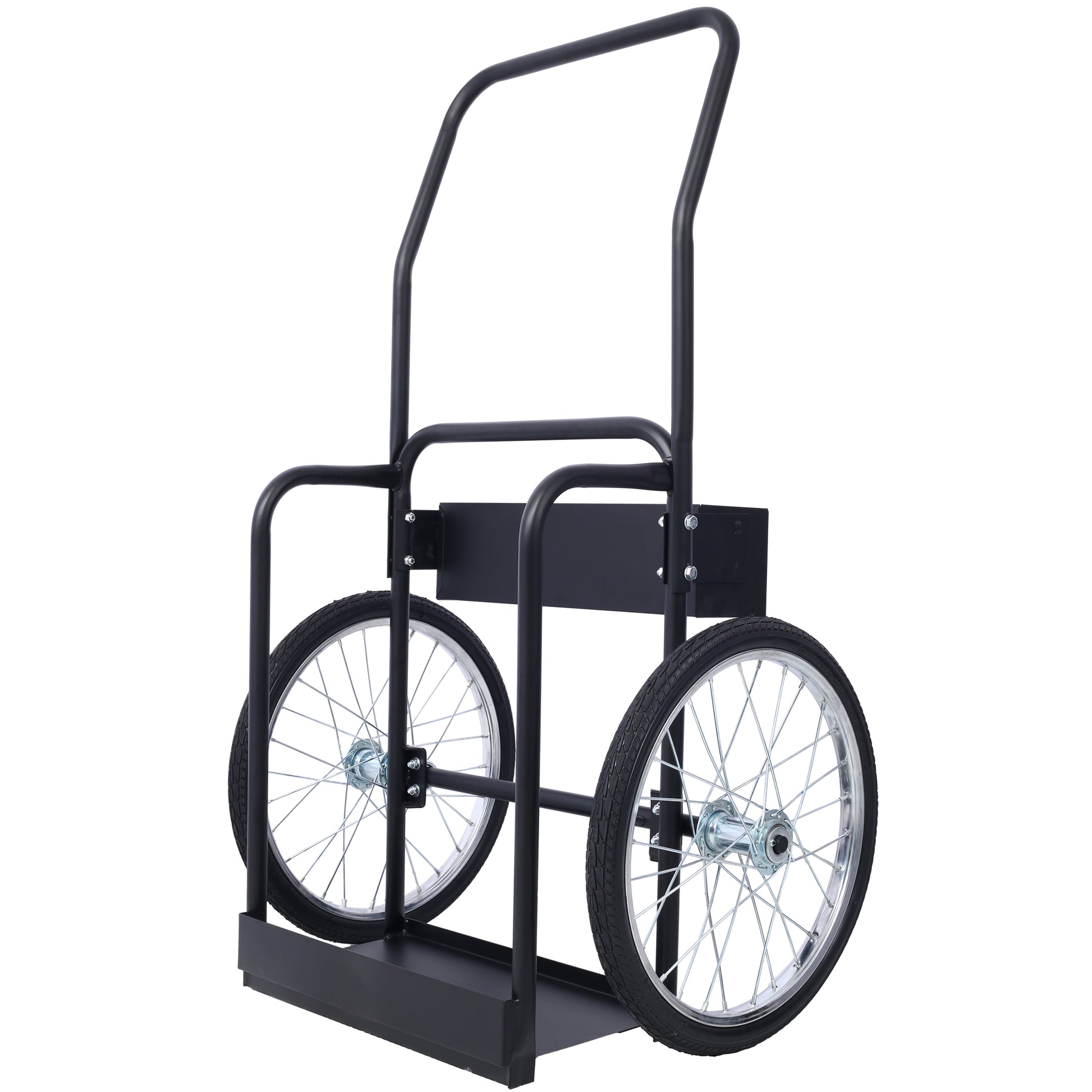 Black steel utility cart with large spoked wheels for easy transport