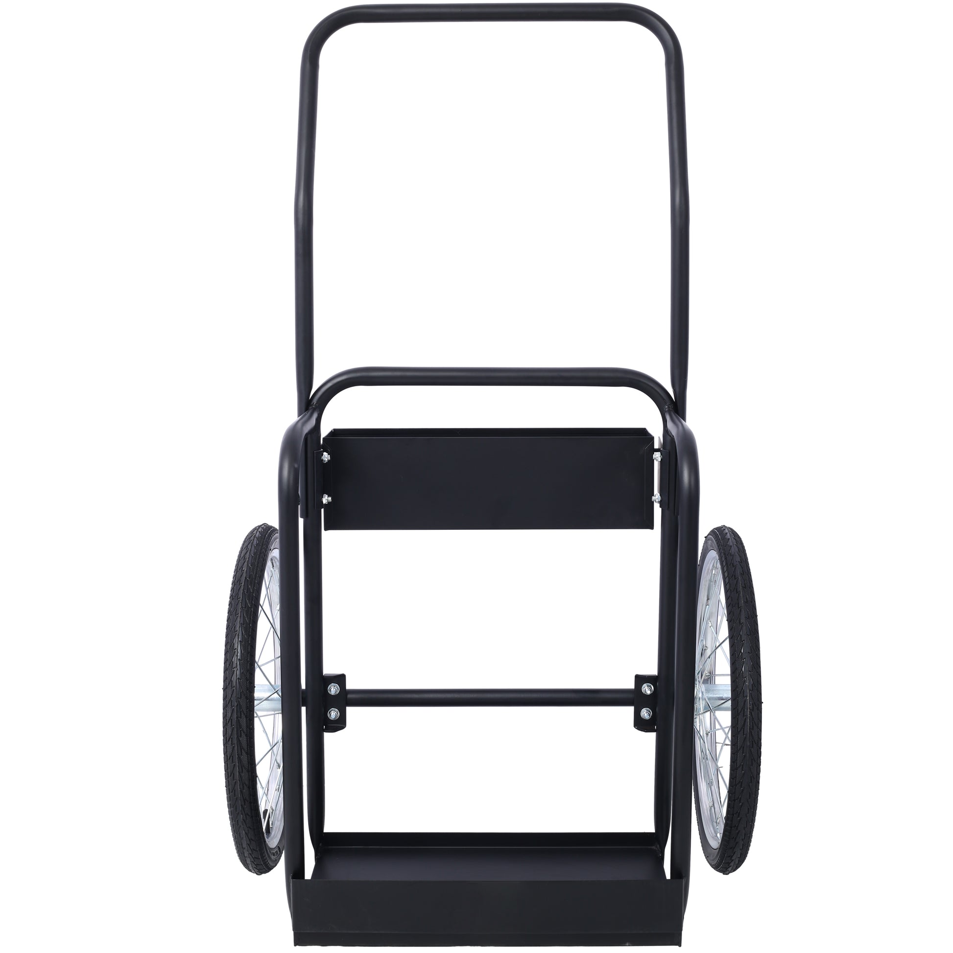 Black heavy duty dolly with two large wheels for moving cargo