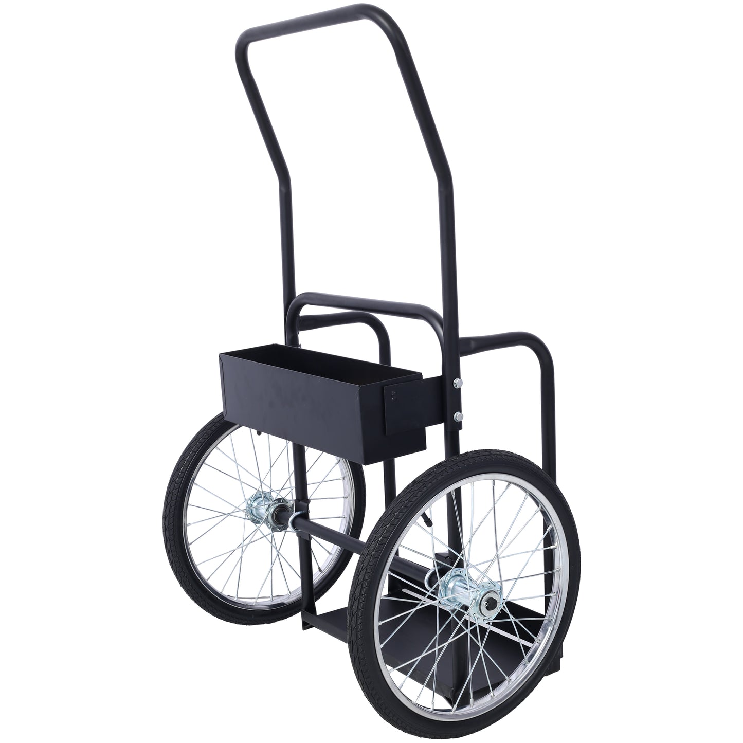 Black metal cart with spoked wheels and a rectangular bin ideal for concessions