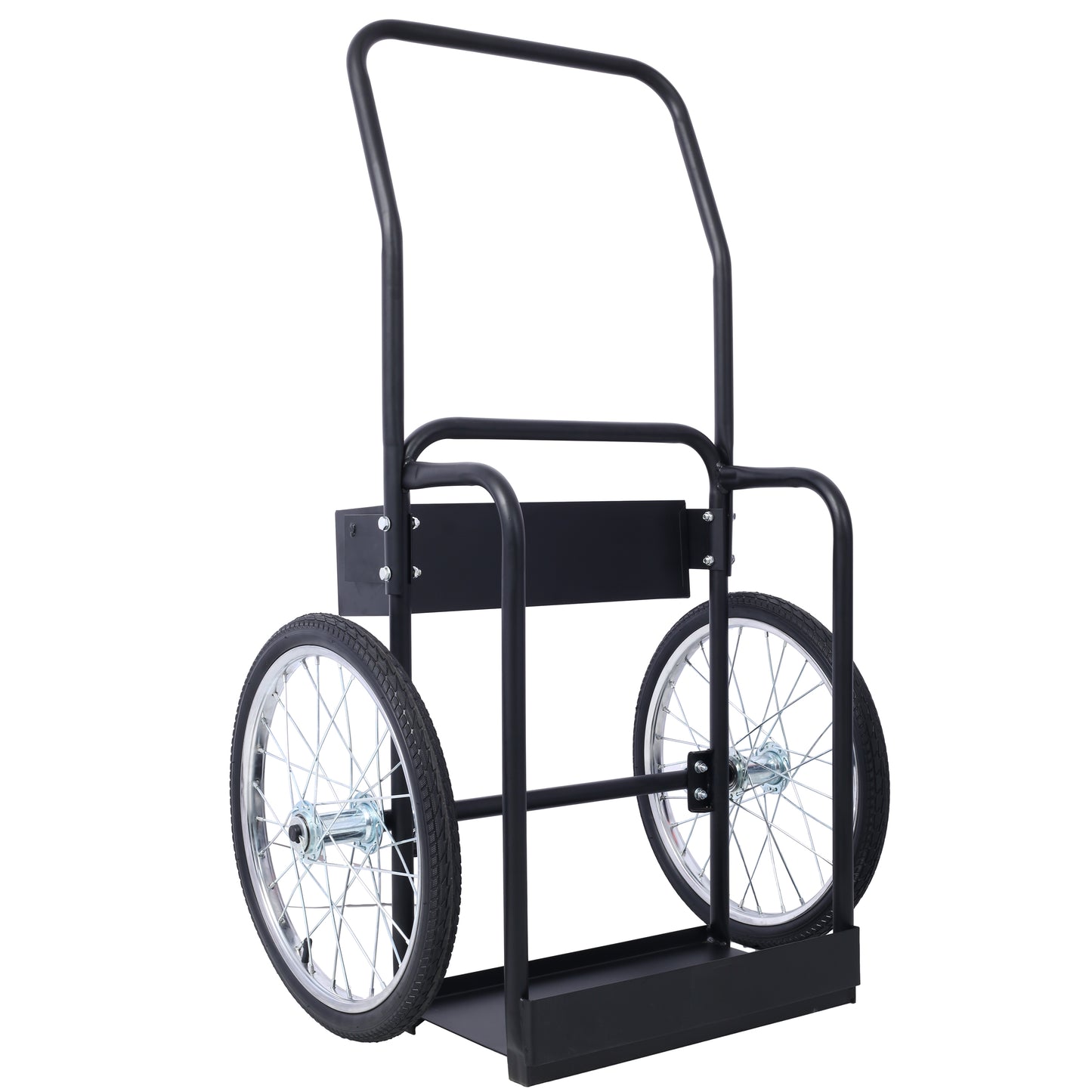Black metal heavy duty hand truck with two large spoked wheels for easy transport