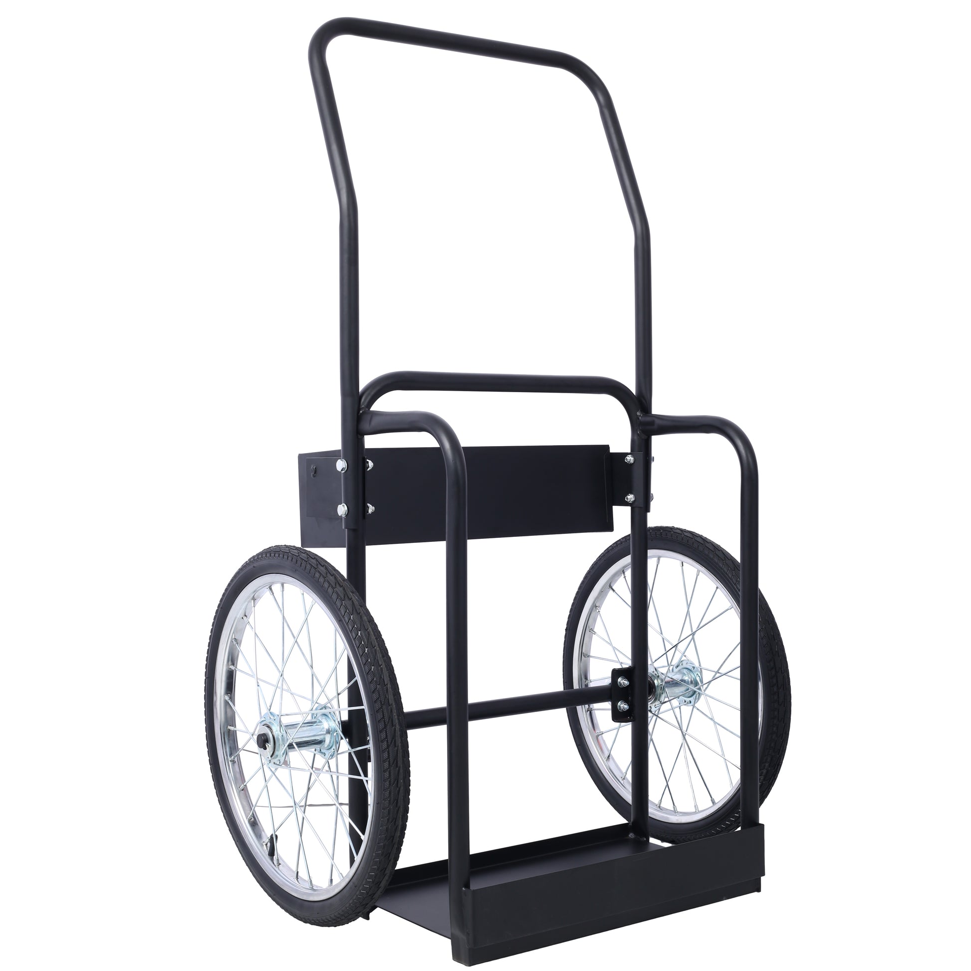 Black metal heavy duty hand truck with two large spoked wheels for easy transport
