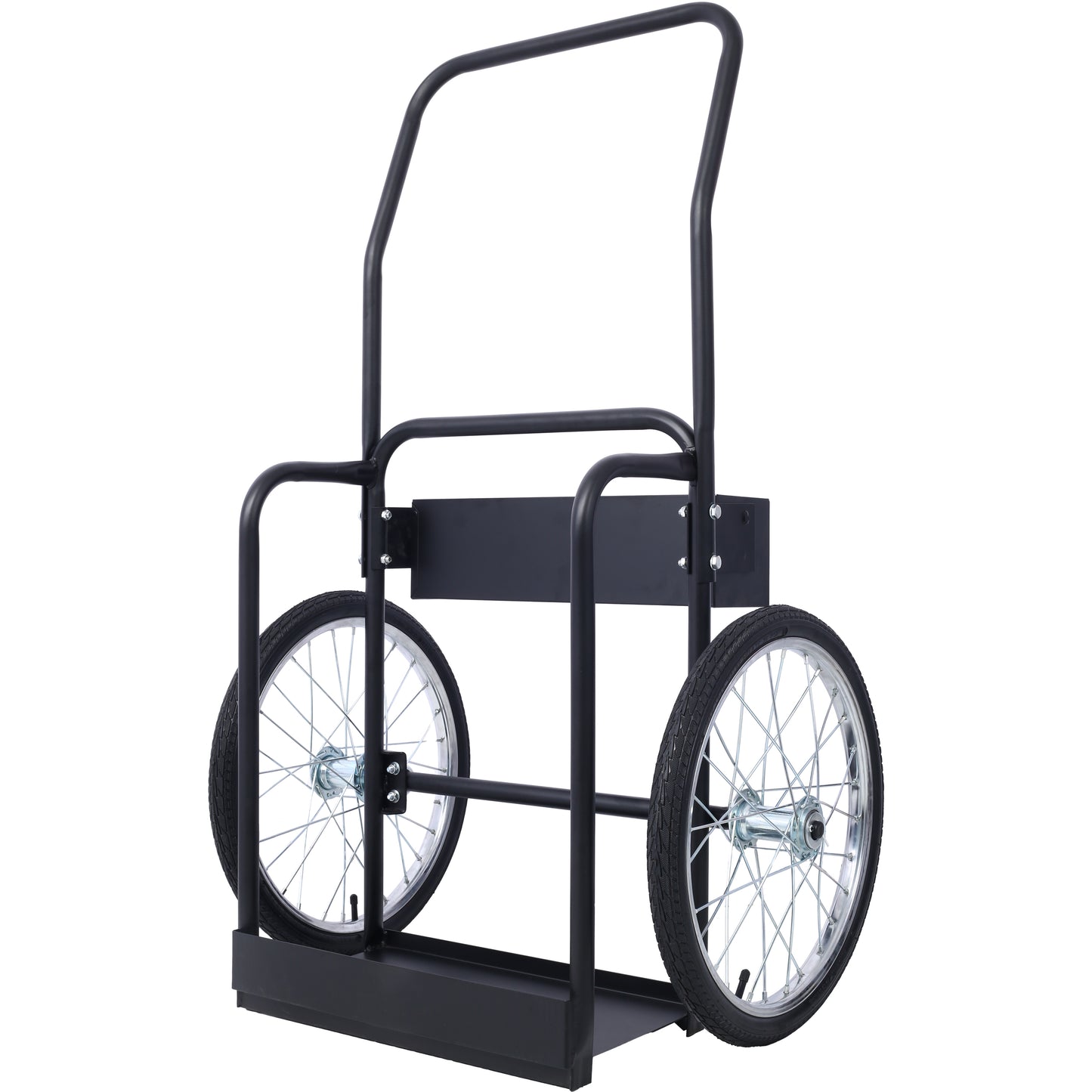 Black metal hand truck with two spoked wheels and a storage tray