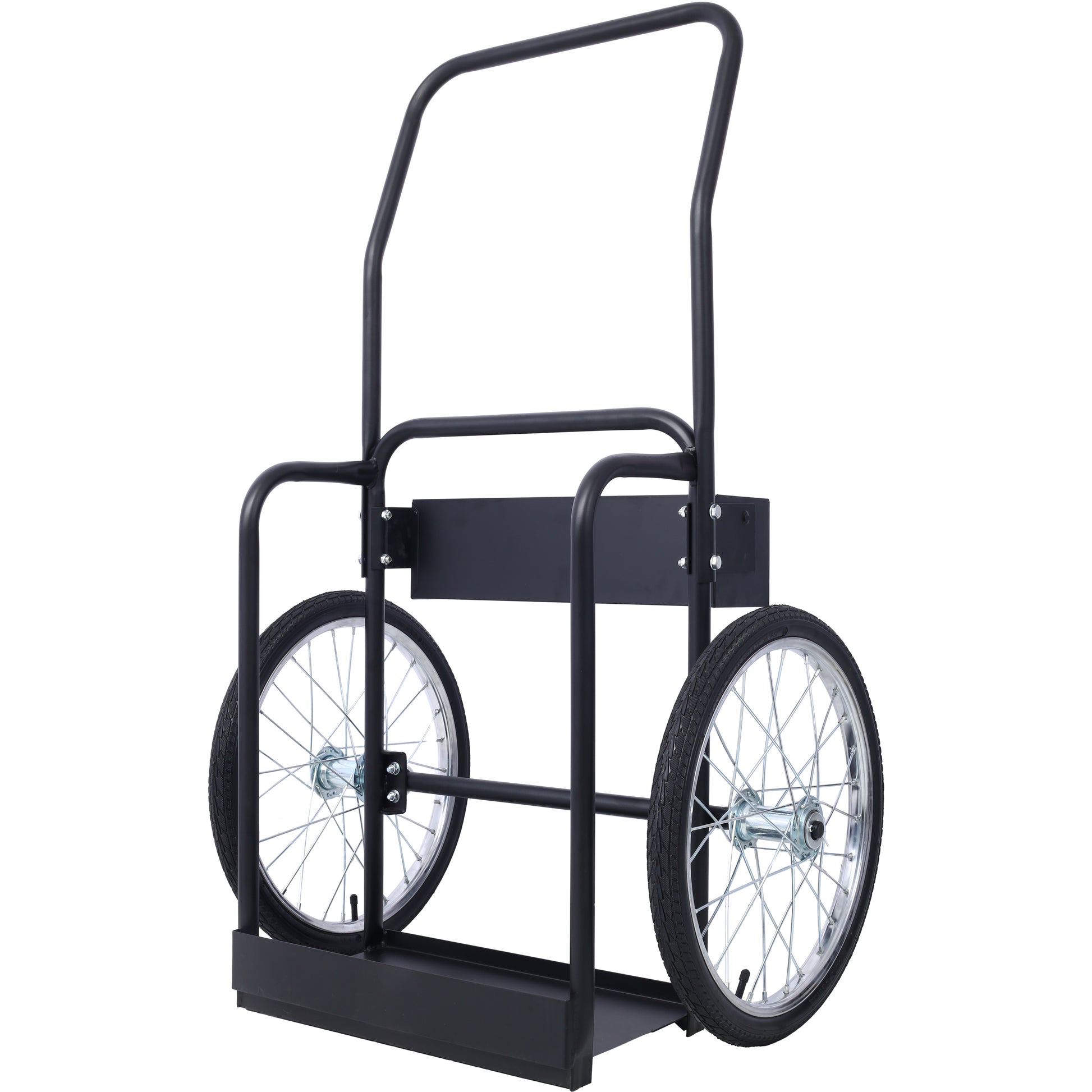 Black metal hand truck with two spoked wheels and a storage tray