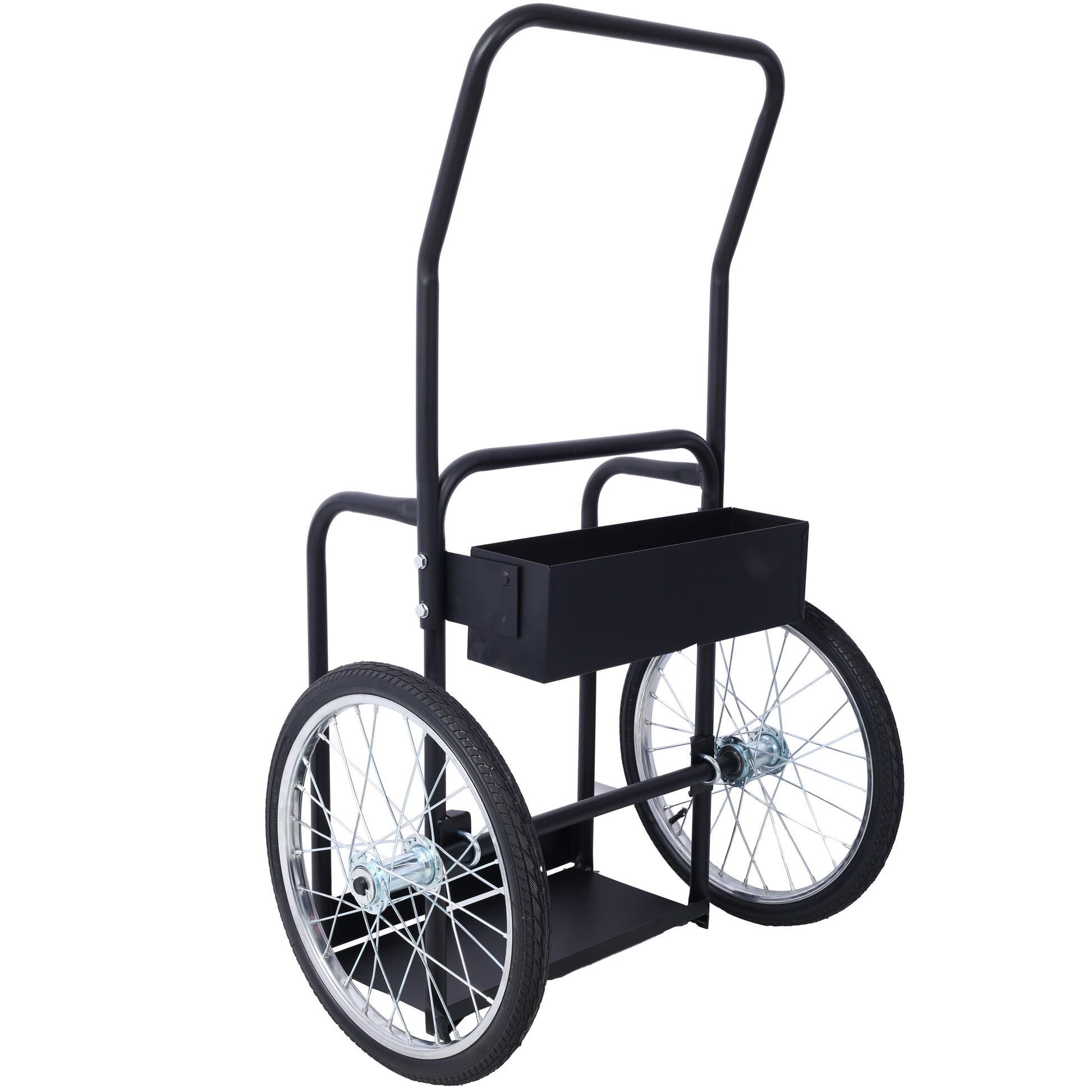 Black metal garden cart with spoked wheels and a tray