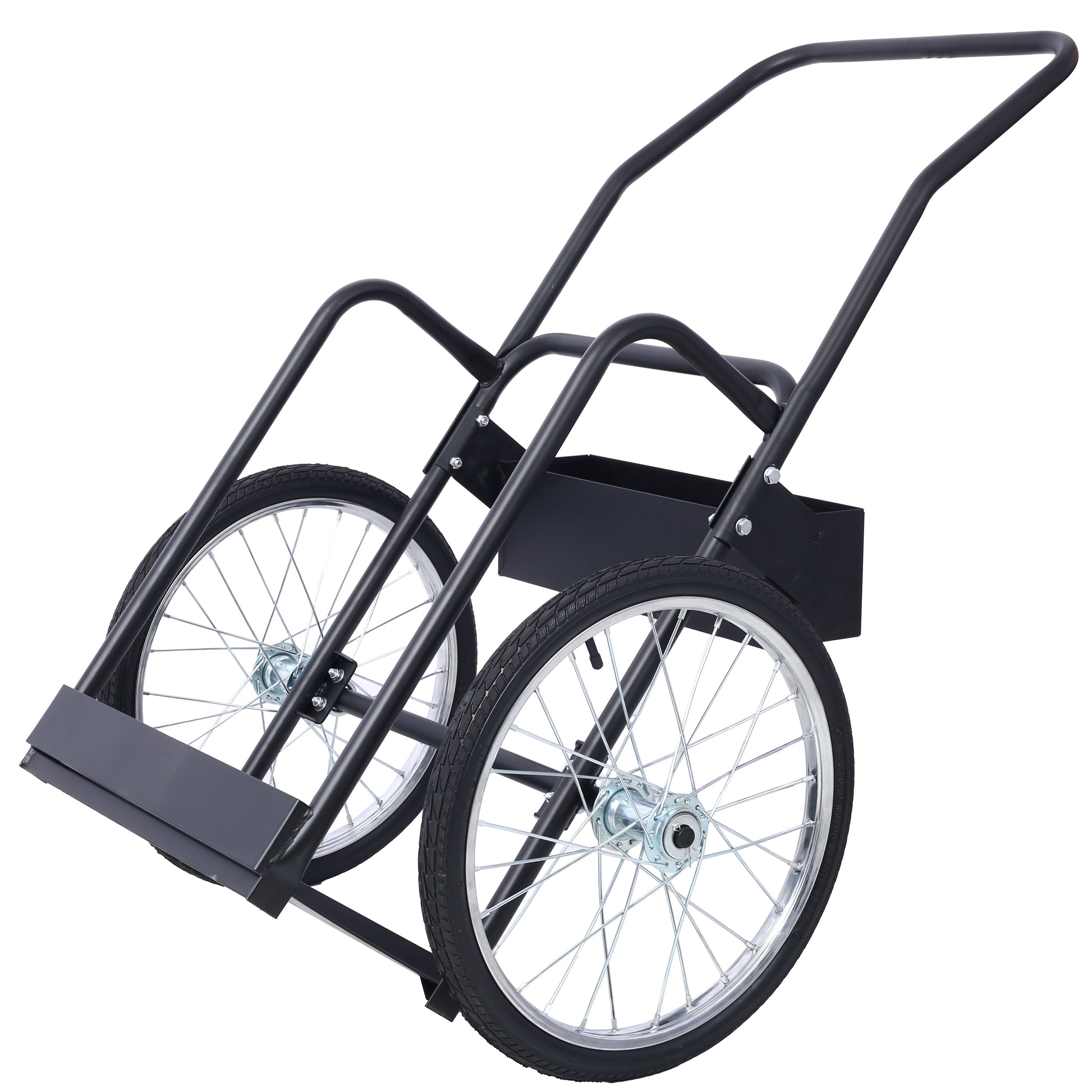 Black heavyduty garden cart with two pneumatic wheels and a durable steel frame for hauling soil and tools