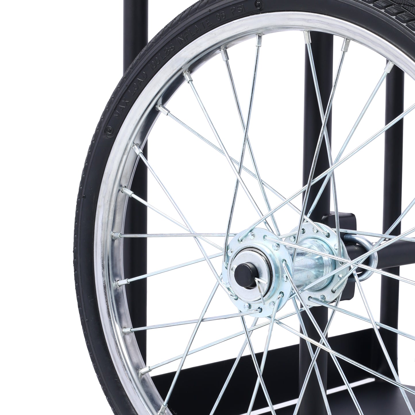 Spoked wheel with silver rim black tire and chrome hub ready for cargo cart