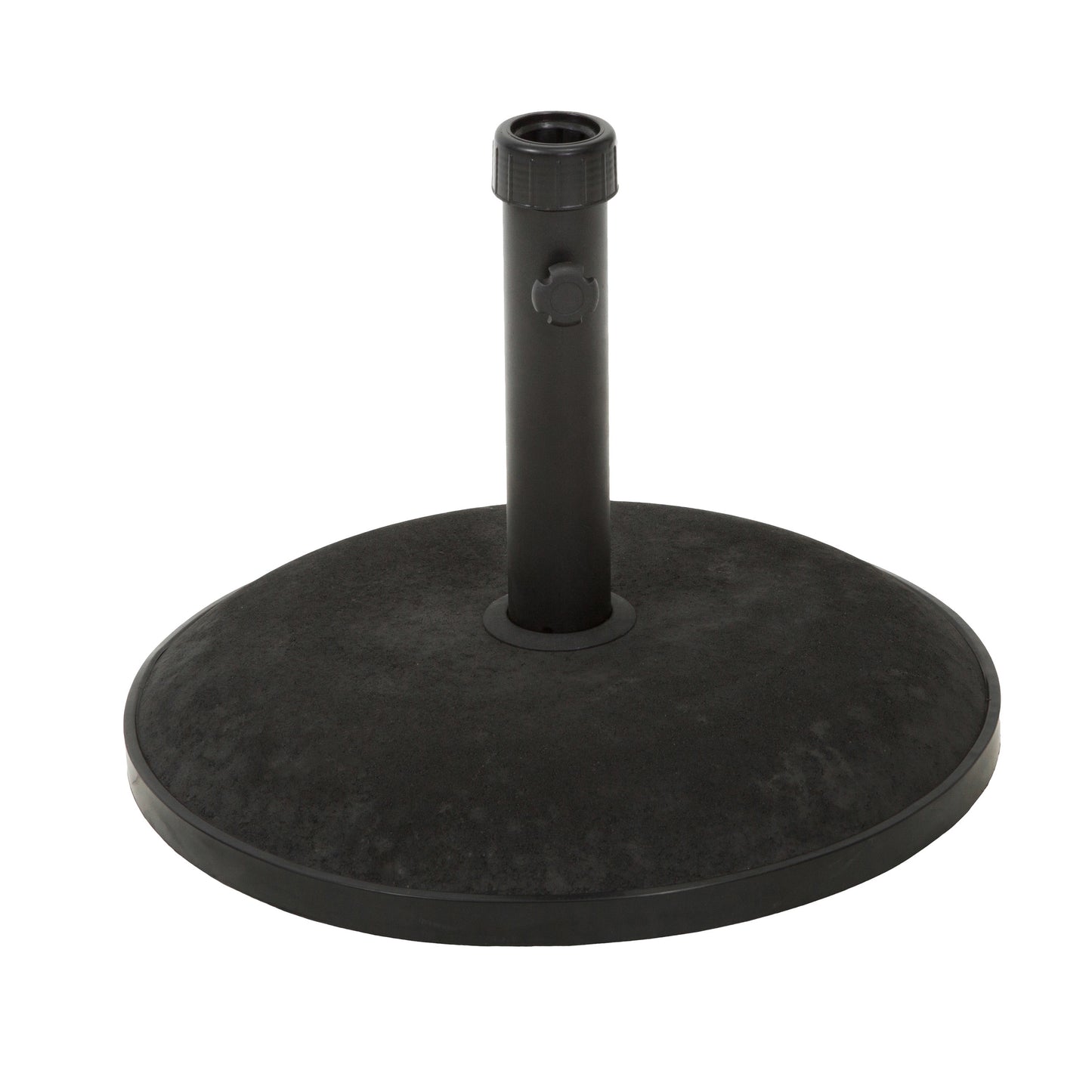 Black patio umbrella base with wide circular concrete construction for stability