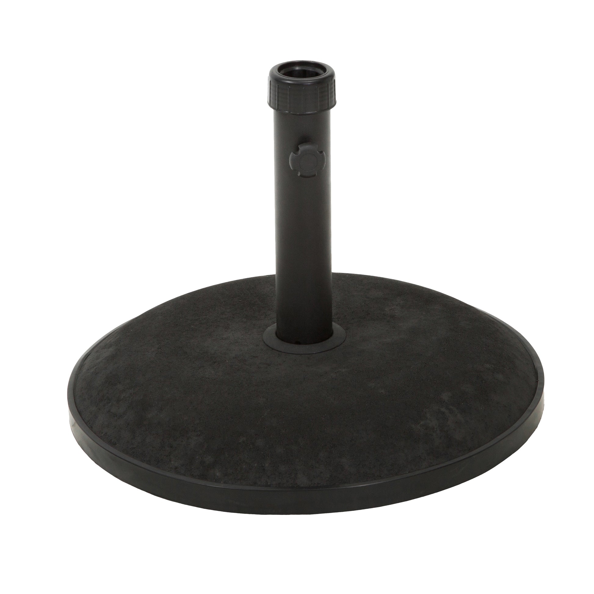 Black patio umbrella base with wide circular concrete construction for stability