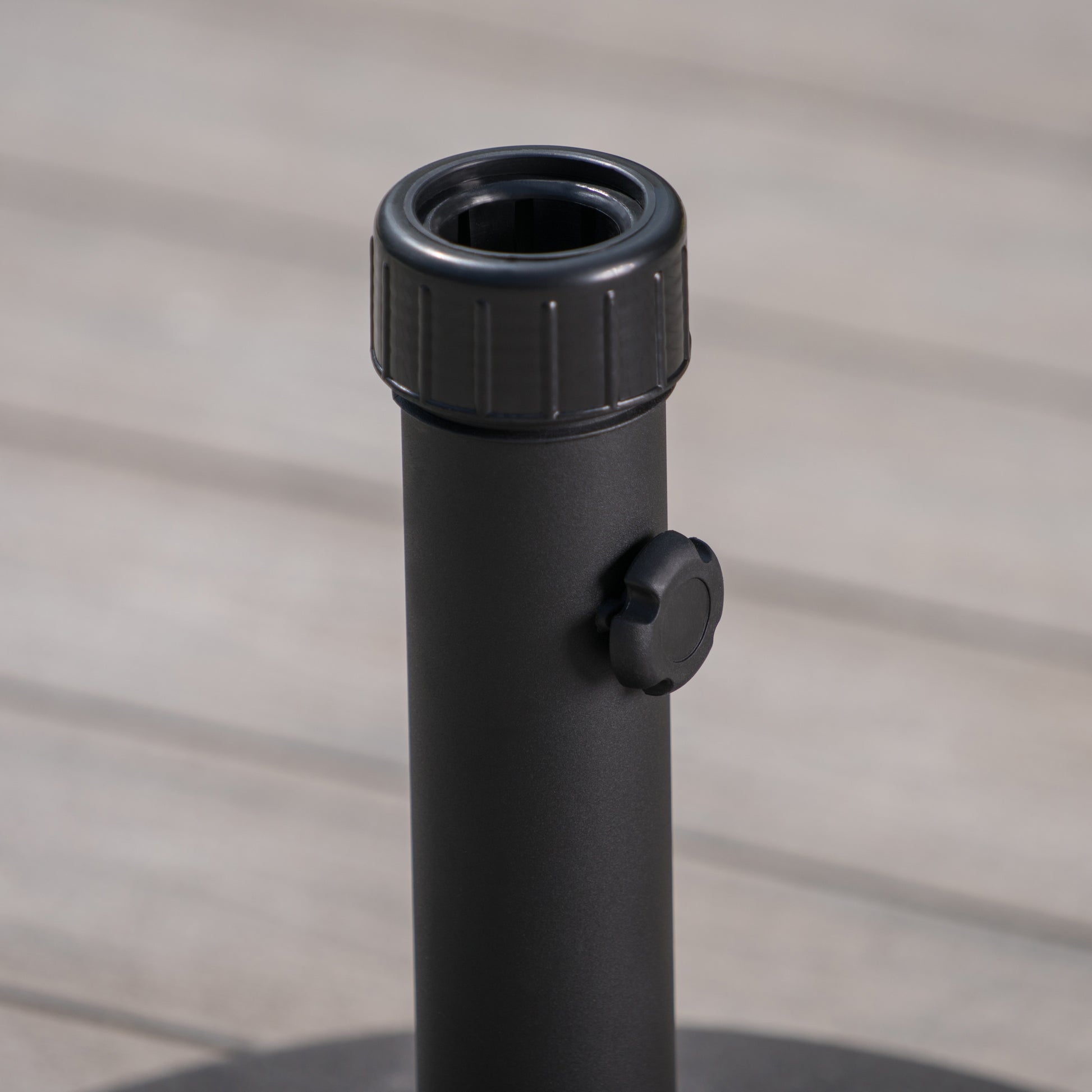 Black aluminum patio umbrella stand pole with adjustable knob for outdoor use