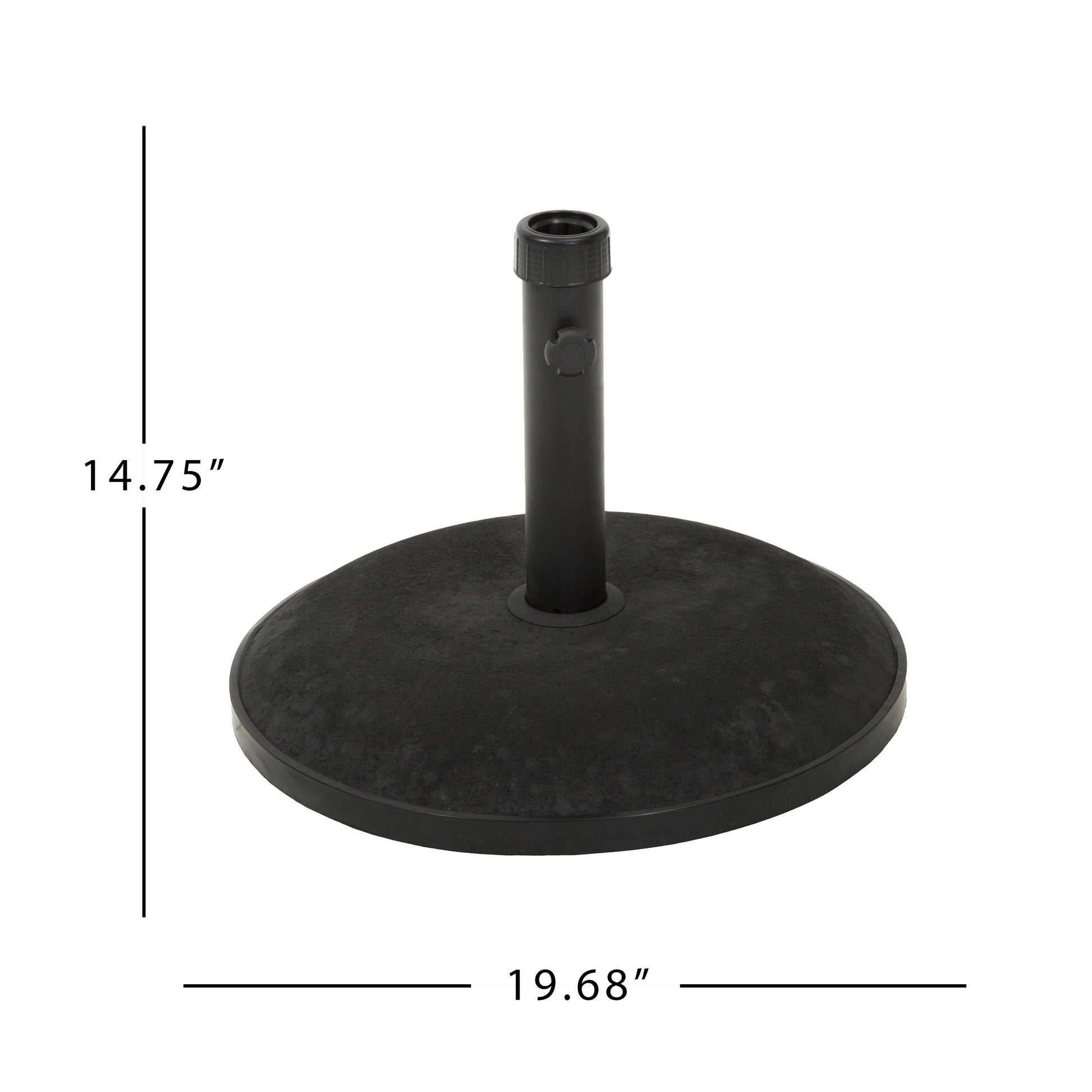 Black round umbrella base stand with textured surface for outdoor patio stability