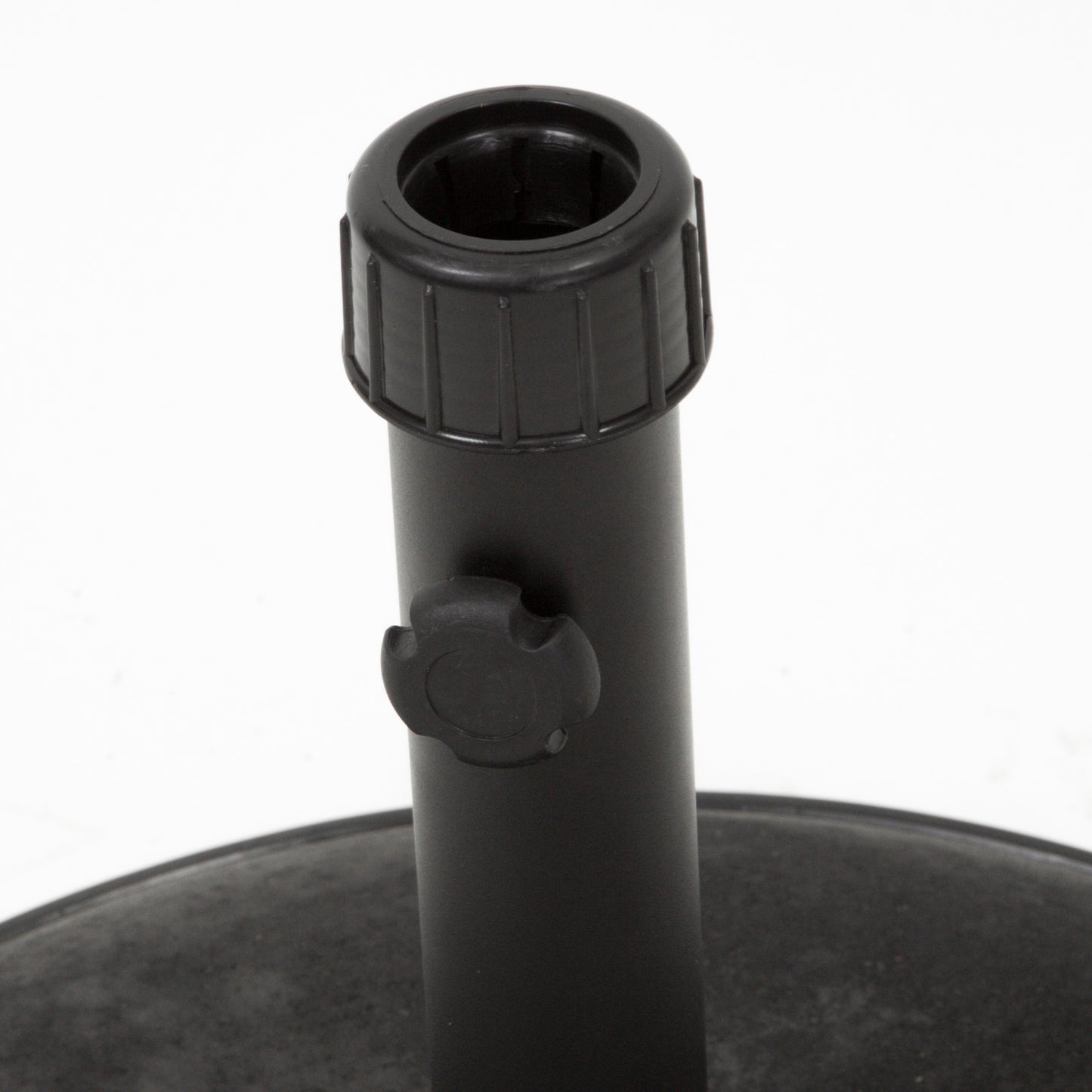 Black plastic umbrella stand base with adjustable tightening knob for outdoor use