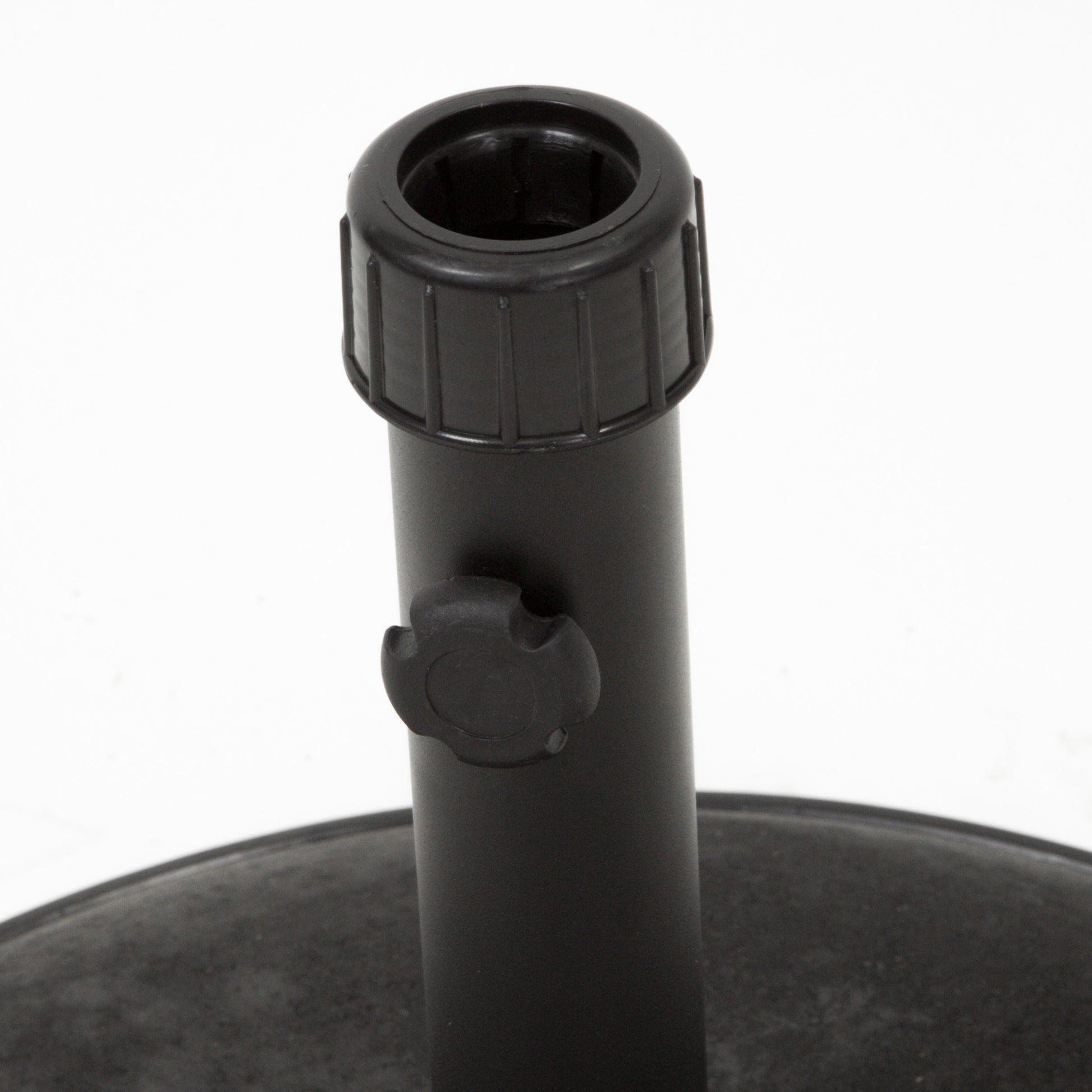 Black plastic umbrella stand base with adjustable tightening knob for outdoor use