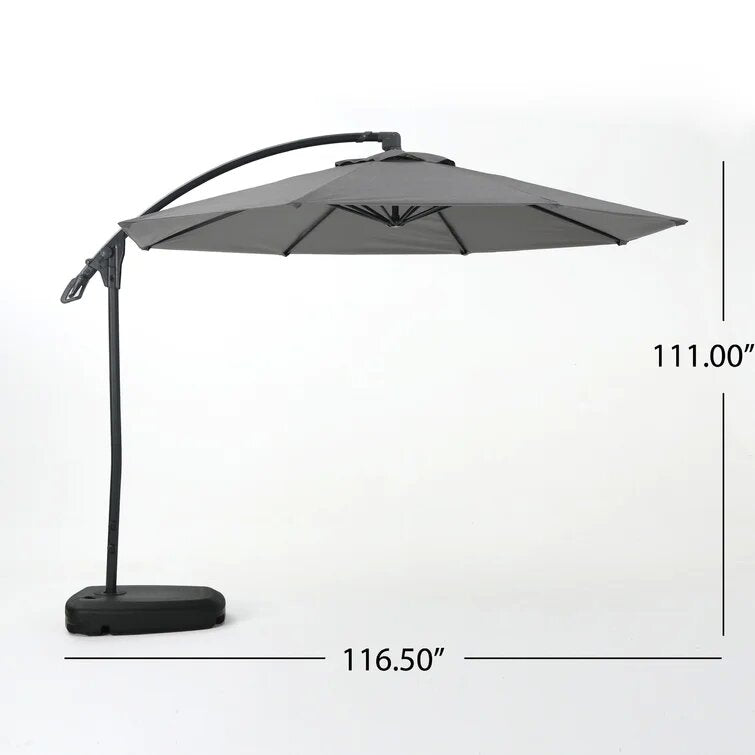 Gray cantilever patio umbrella with black base and frame  wide