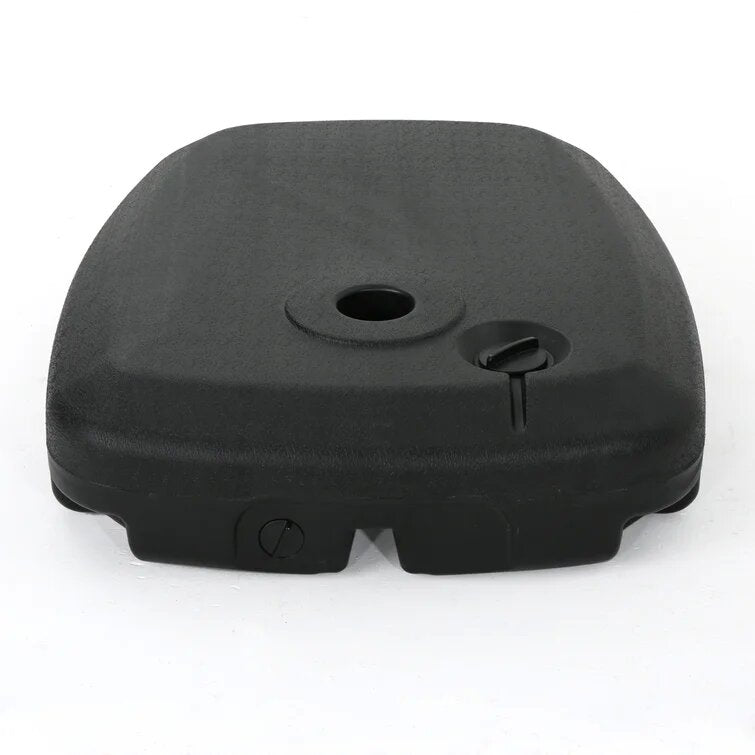 Black weighted umbrella base with central pole opening and securing knob