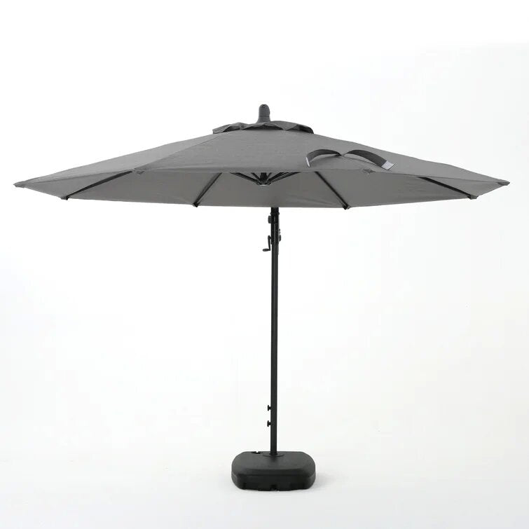 Gray patio umbrella with crank mechanism and a square base