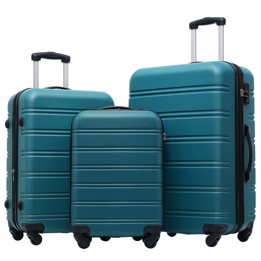 Set of three teal hard shell luggage cases with telescoping handles and wheels