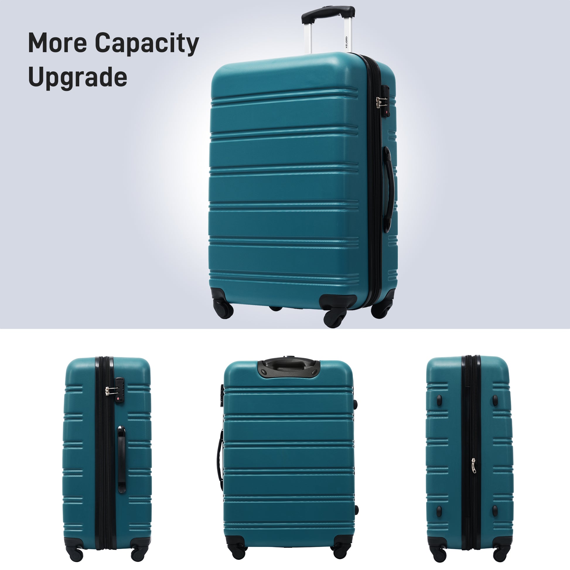 Teal hardside spinner luggage with textured stripes and TSA lock perfect for travel