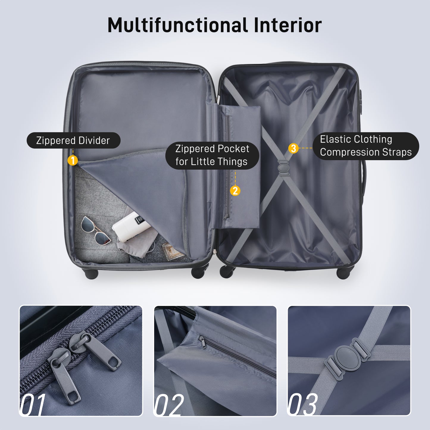 Open gray suitcase interior with zippered divider holding sunglasses and toiletries