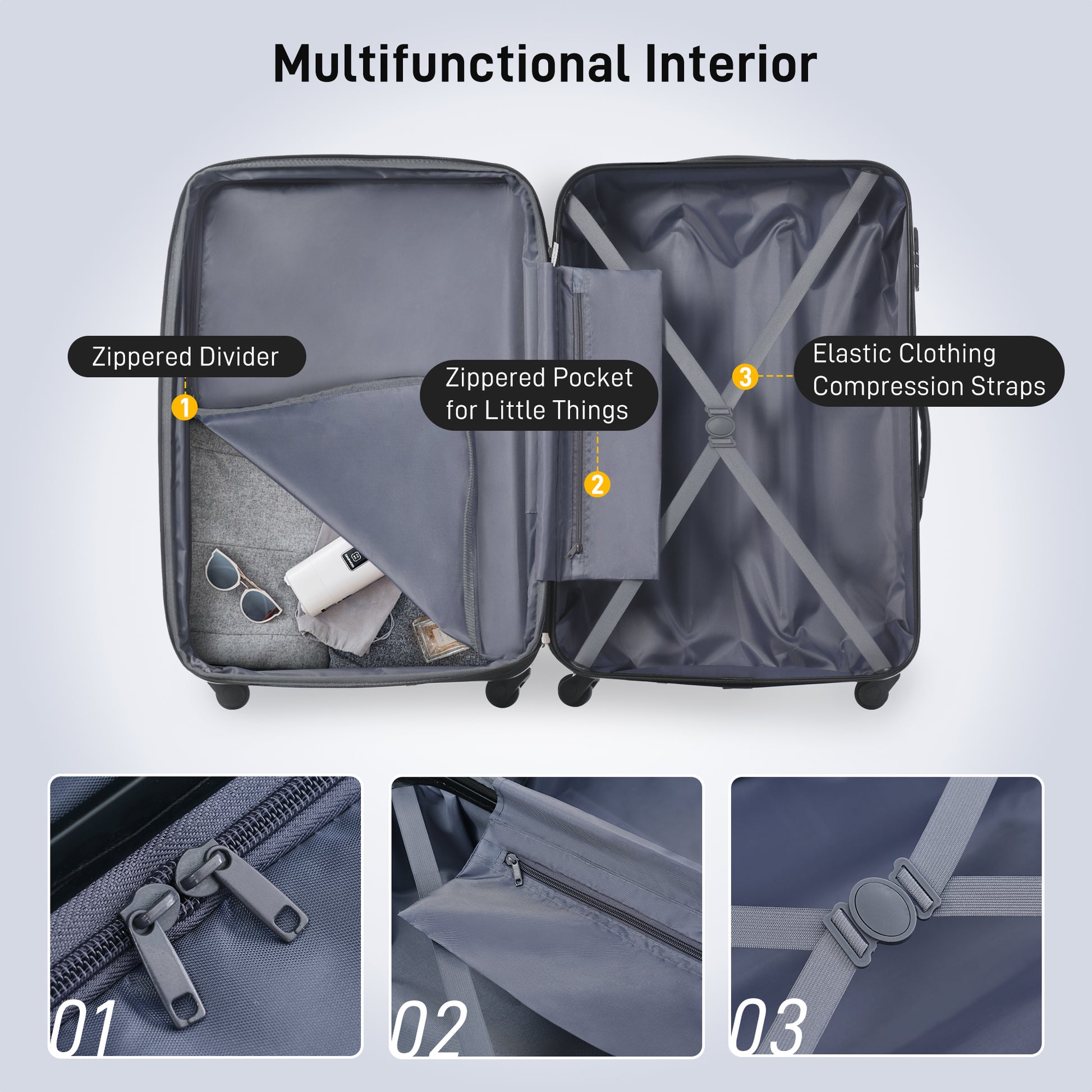 Open gray suitcase interior with zippered divider holding sunglasses and toiletries