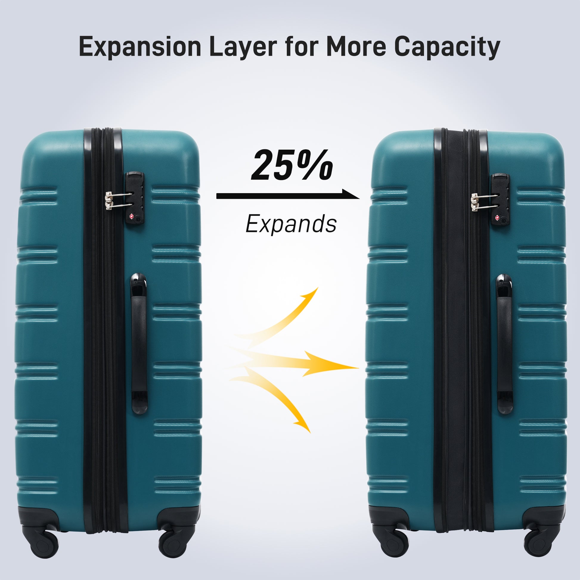 Teal hardside luggage showing  expansion for more capacity
