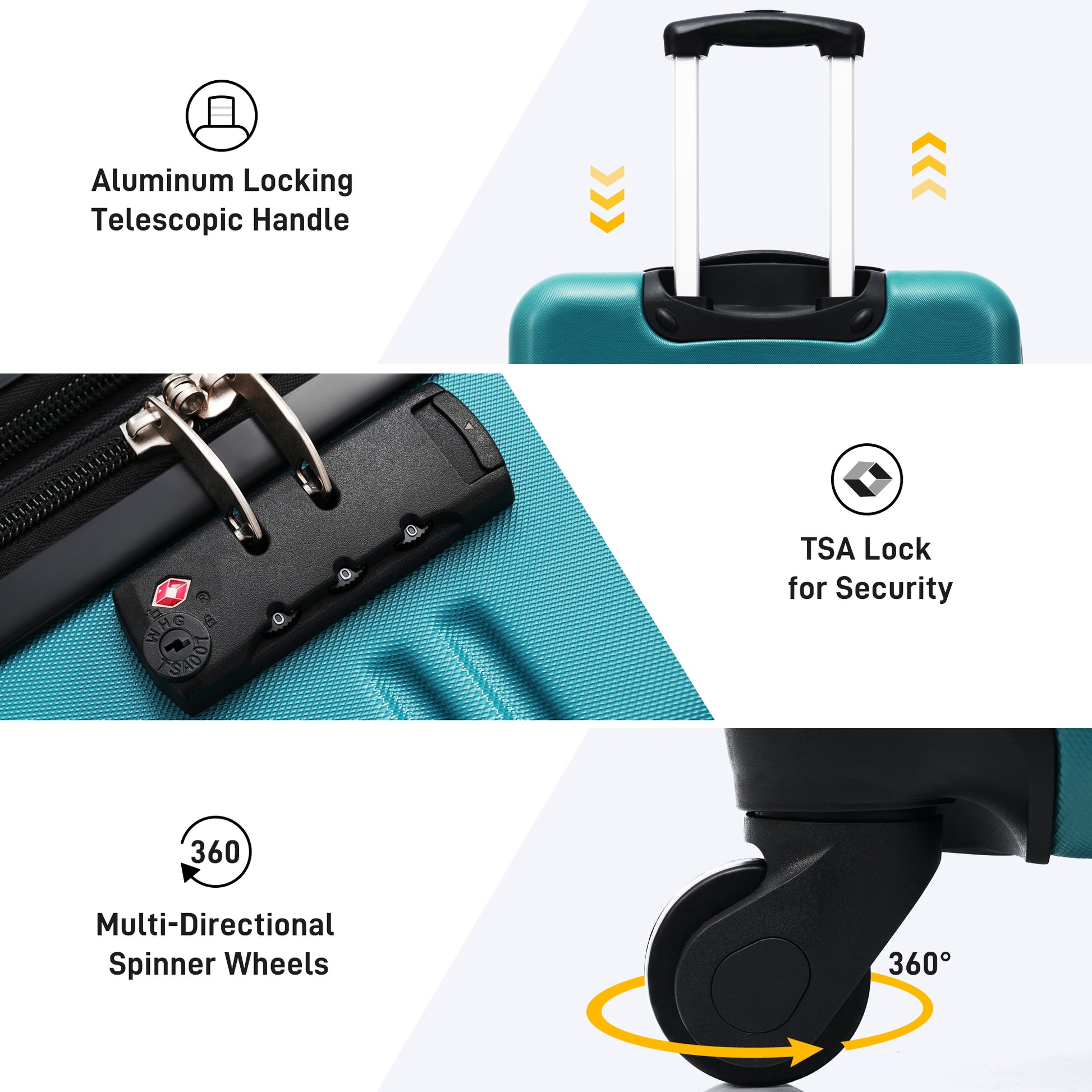 Teal suitcase with a sturdy aluminum locking telescopic handle for easy travel