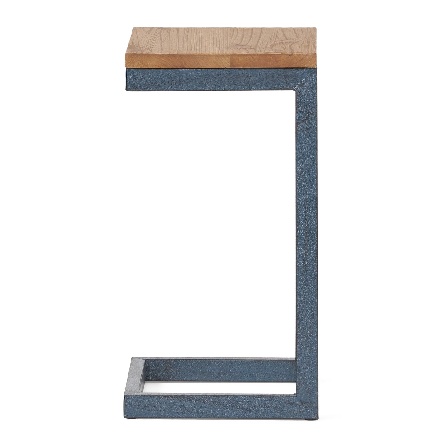 Modern Cshaped side table with natural wood top and dark blue metal frame