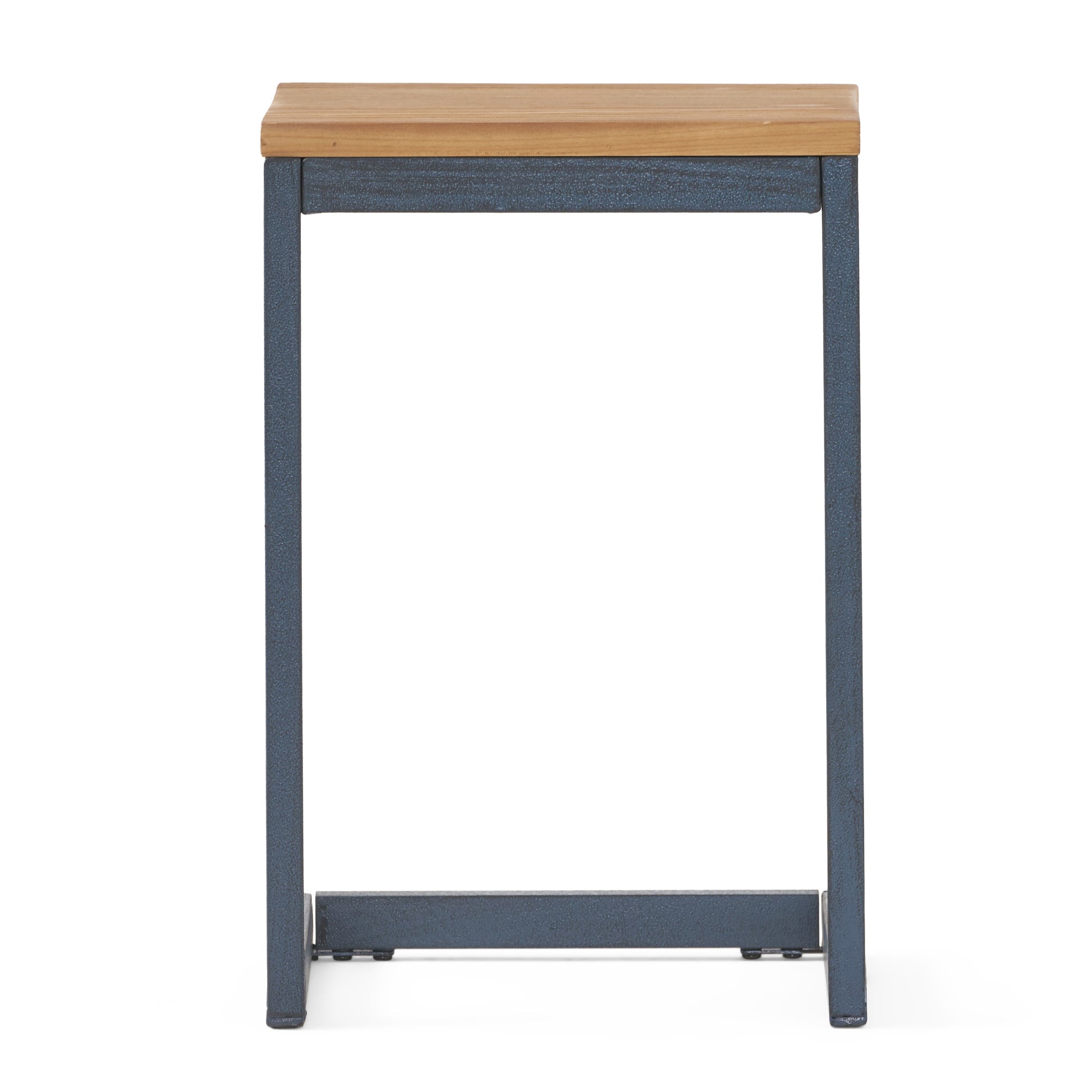 Wooden top side table with dark blue metal frame for indoor use