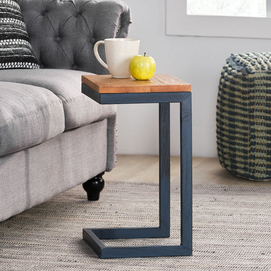 Cshaped side table with rustic wood top and dark metal frame