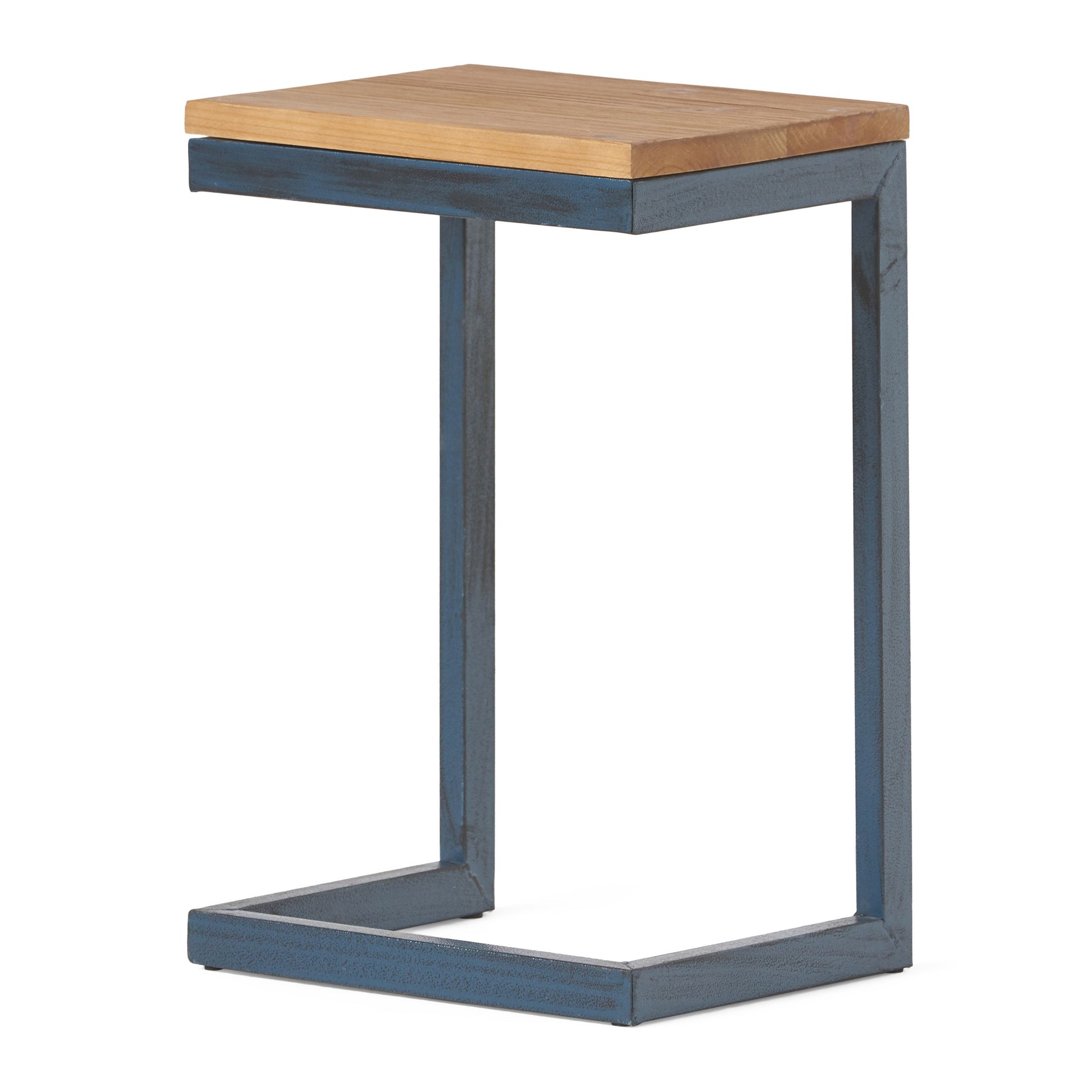 Modern C table with natural wood top and distressed blue metal frame