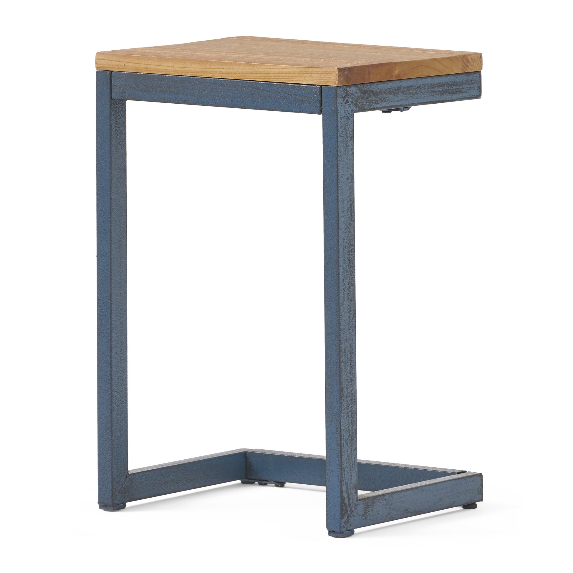 Cshaped side table with distressed blue metal frame and natural wood top