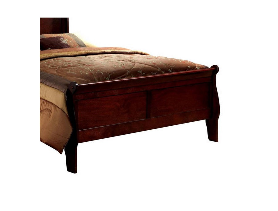 Cherry wood sleigh bed frame with intricate bedding