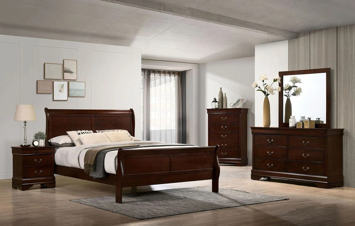 Elegant dark wood sleigh bed frame with matching nightstand