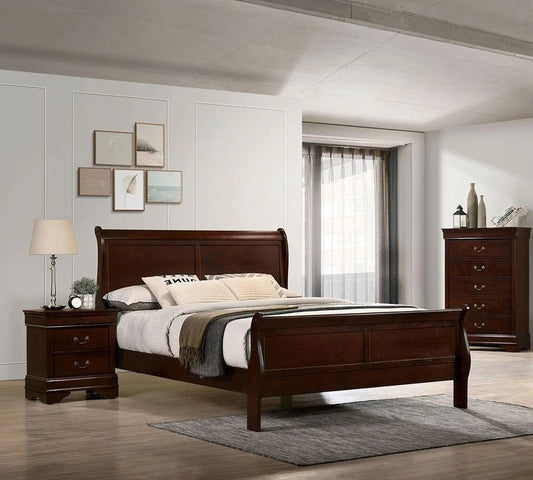 Rich cherry sleigh bed with matching nightstand and dresser