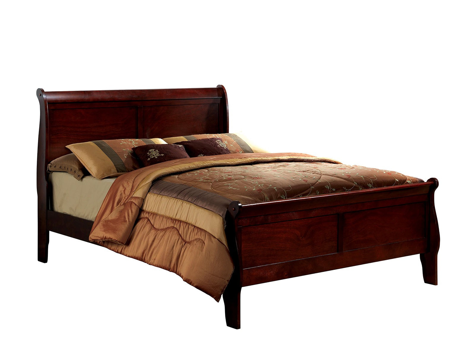 Dark cherry wood sleigh bed with embroidered floral comforter