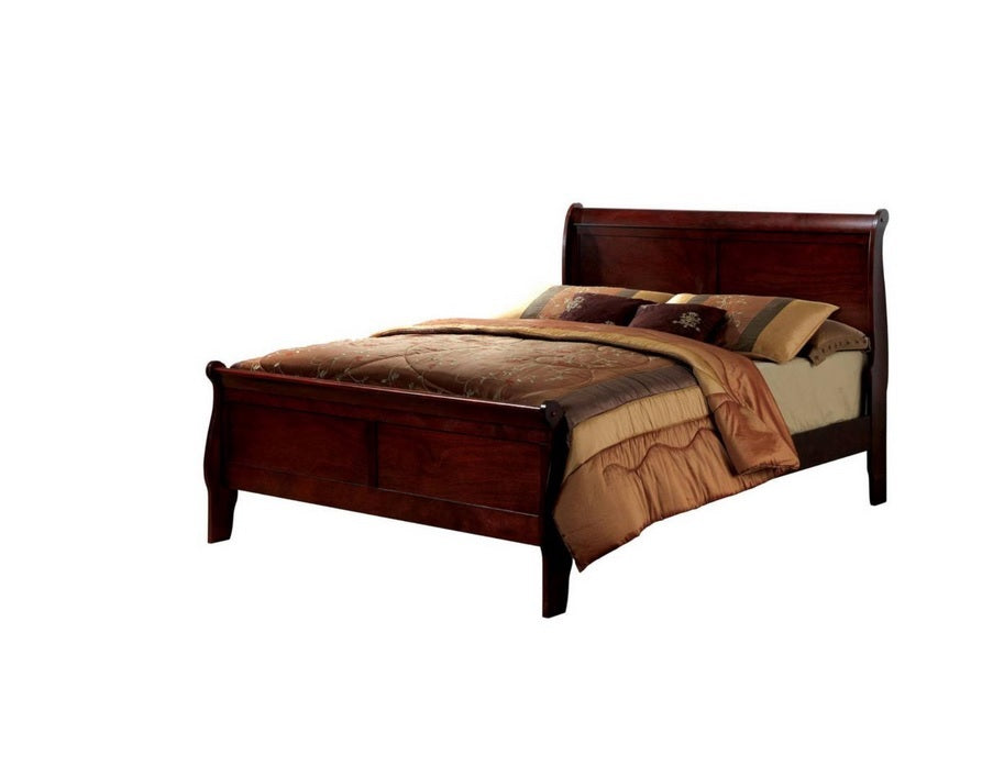 Rich mahogany sleigh bed with ornate bedding