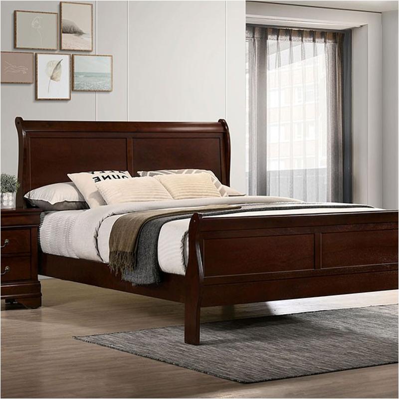 Dark wood sleigh bed with plush bedding