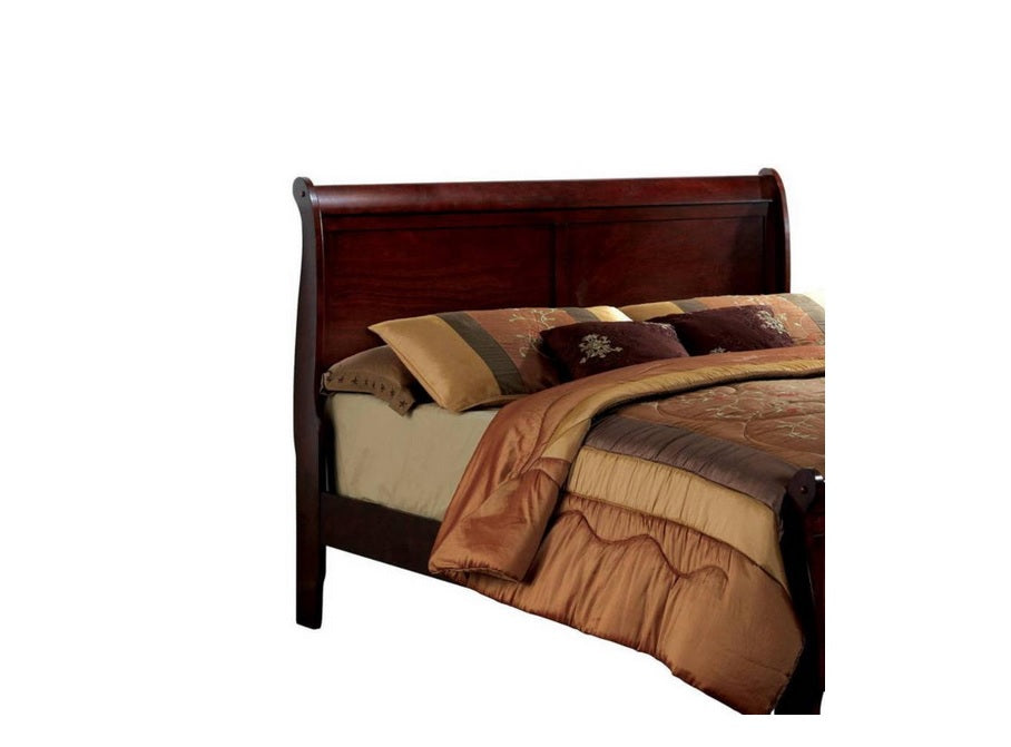 Dark cherry wood sleigh bed frame with plush bedding