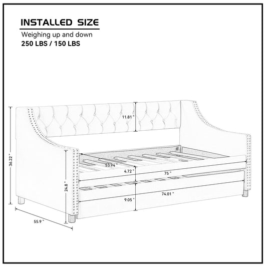 Tufted headboard daybed with nailhead trim  L x  W