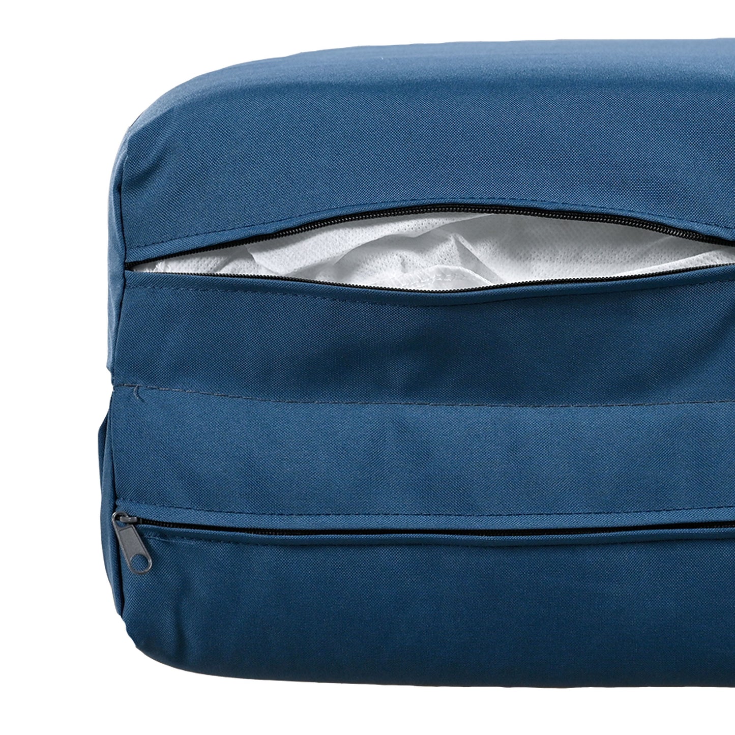 Navy blue cushion cover with a visible zipper detail and white inner filling