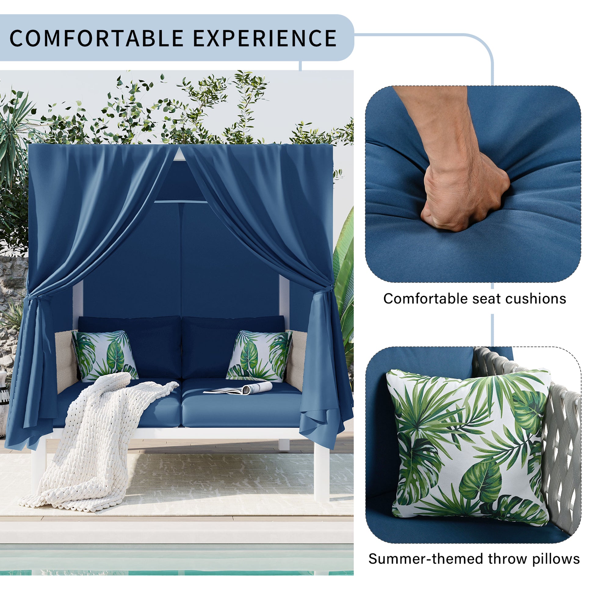 Deep blue outdoor canopy daybed with white frame and plush cushions