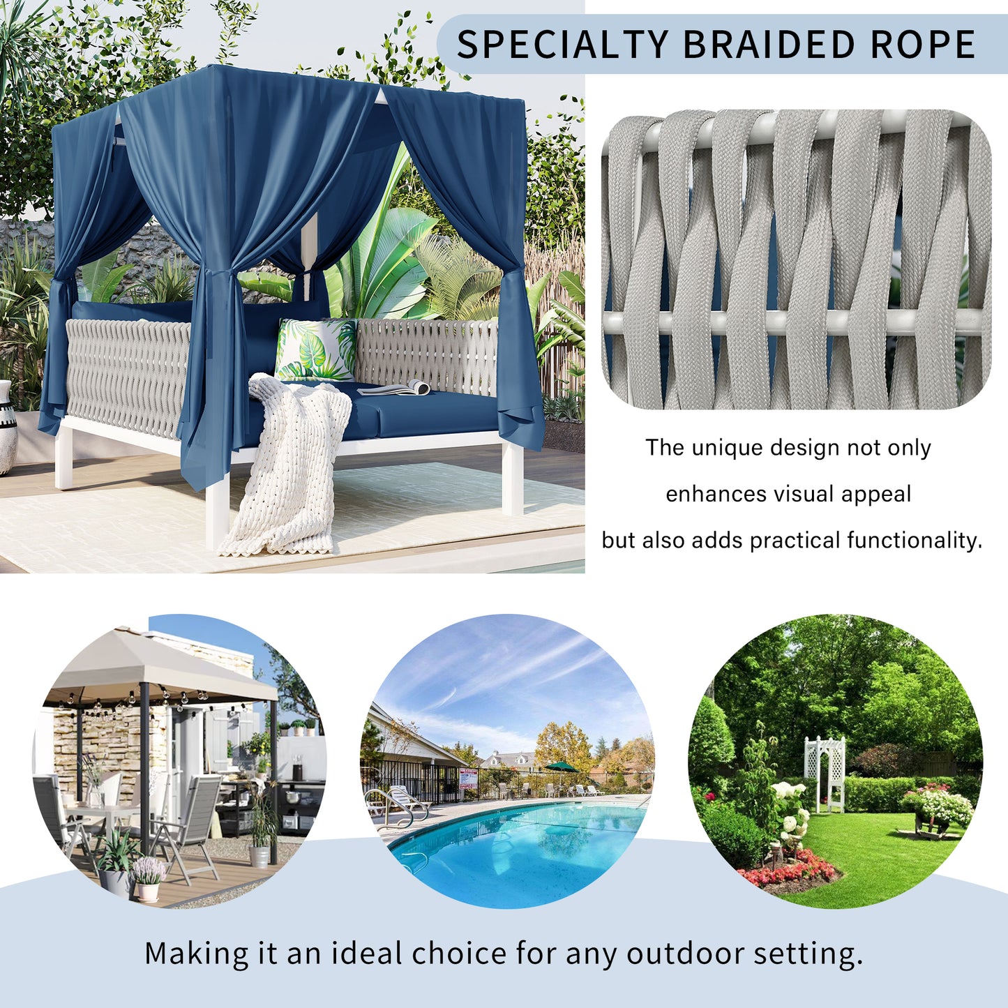 Blue fabric canopy over a white daybed with gray woven sides and a white throw